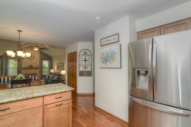 1344 Saddlebrook Rd, Bartlett, IL 60103 - kitchen featuring stainless steel fridge, light wood finished floors, lofted ceiling, a chandelier, and ceiling fan