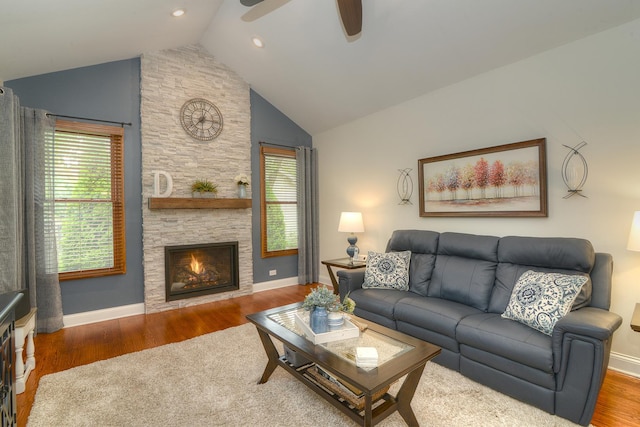 1344 Saddlebrook Rd, Bartlett, IL 60103 - living room with ceiling fan, wood finished floors, high vaulted ceiling, and a fireplace
