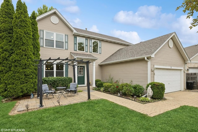 11 Litchfield Ct, Lake In The Hills, IL 60156 - traditional-style home featuring a pergola, driveway, a front yard, an attached garage, and roof with shingles