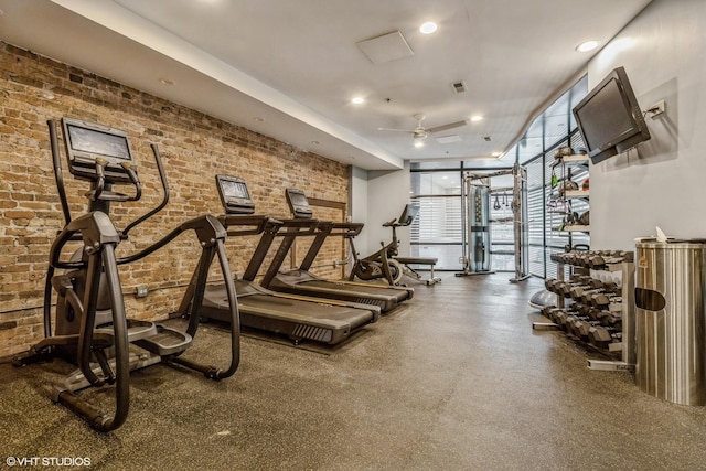 616 W Fulton St Unit 703, Chicago, IL 60661 - gym with a ceiling fan, brick wall, and recessed lighting
