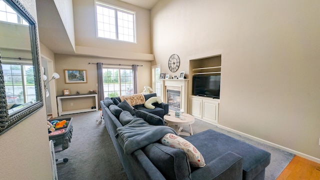 3908 Summer Sage Ct, Champaign, IL 61822 - living area with a glass covered fireplace, a towering ceiling, and wood finished floors