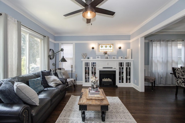 5236 W Nelson St, Chicago, IL 60641 - living area with a ceiling fan, dark wood-style floors, ornamental molding, and a fireplace