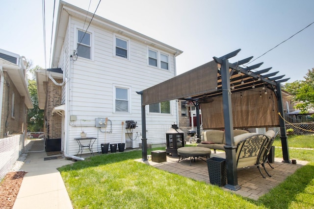 5236 W Nelson St, Chicago, IL 60641 - rear view of house with a fenced backyard, a pergola, an outdoor hangout area, and a patio area