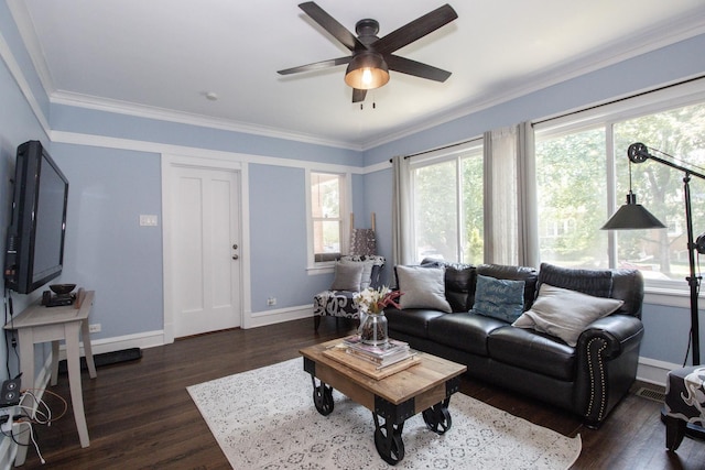 5236 W Nelson St, Chicago, IL 60641 - living room featuring dark wood-style flooring, a ceiling fan, and ornamental molding