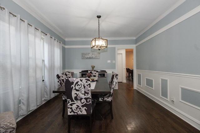 5236 W Nelson St, Chicago, IL 60641 - dining area with a chandelier, wainscoting, dark wood-type flooring, and ornamental molding