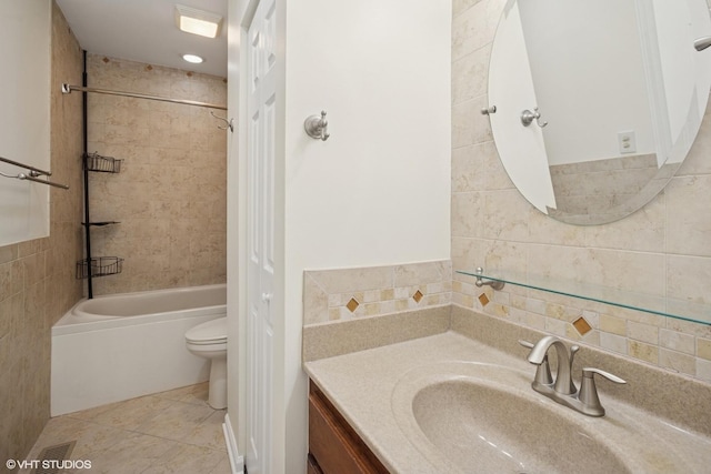218 E Forest Knoll Dr, Palatine, IL 60074 - full bathroom featuring tile walls, vanity, toilet, shower / tub combination, and tile patterned floors