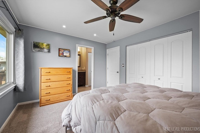 1035 Warwick Cir N, Hoffman Estates, IL 60169 - bedroom with carpet, recessed lighting, a closet, ensuite bath, and ceiling fan