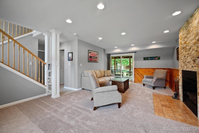 1035 Warwick Cir N, Hoffman Estates, IL 60169 - carpeted living area with ornate columns, stairway, a fireplace, and recessed lighting