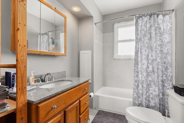 415 Fremont St, Lemont, IL 60439 - bathroom featuring toilet, vanity, shower / bath combo, and tile patterned floors
