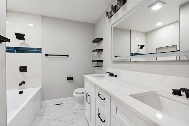 919 E Cooper Dr, Palatine, IL 60074 - bathroom with marble look tiles, double vanity, shower / tub combination, and recessed lighting