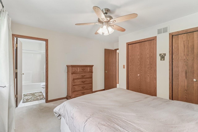 35932 N Watson Ave, Ingleside, IL 60041 - bedroom featuring two closets, light colored carpet, ensuite bathroom, and a ceiling fan