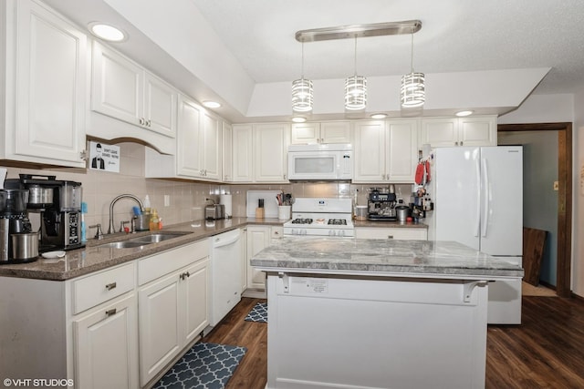 1233 Timber Pl, New Lenox, IL 60451 - kitchen with white appliances, dark wood-type flooring, white cabinetry, a kitchen island, and backsplash