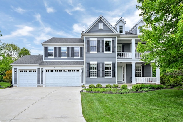 3095 Long Common Pkwy, Elgin, IL 60124 - view of front facade with driveway, a porch, a front lawn, a balcony, and a garage
