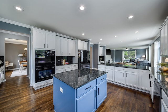 3095 Long Common Pkwy, Elgin, IL 60124 - kitchen with black appliances, ornamental molding, open floor plan, recessed lighting, and dark wood-style floors