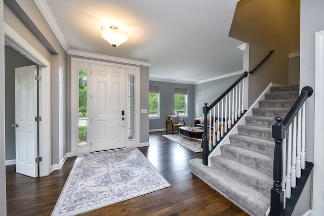 3095 Long Common Pkwy, Elgin, IL 60124 - entrance foyer with crown molding, dark wood-type flooring, and stairs