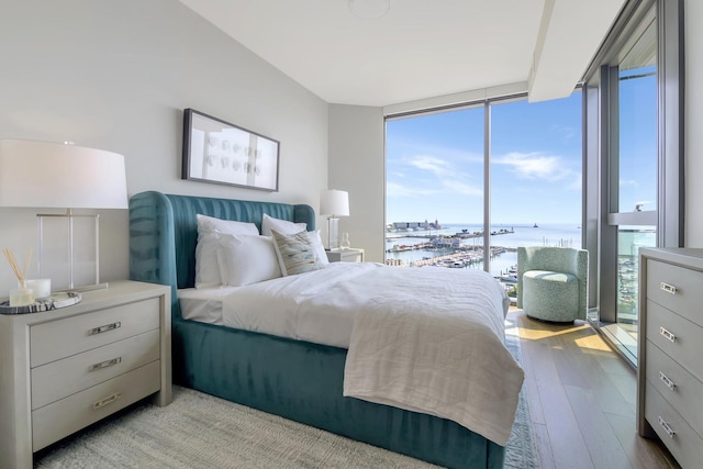 211 N Harbor Dr Unit 1902, Chicago, IL 60601 - bedroom featuring a wall of windows, a water view, wood-type flooring, and view of marina