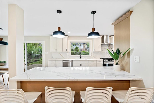 114 S Waverly Pl, Mount Prospect, IL 60056 - kitchen featuring wall chimney range hood, appliances with stainless steel finishes, healthy amount of natural light, and decorative backsplash