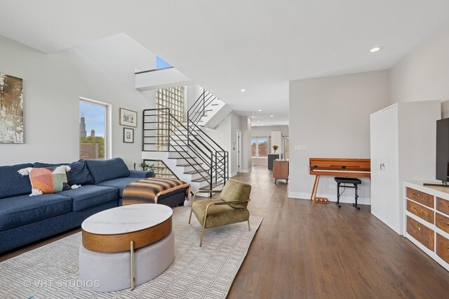 1645 W Erie St Unit 2, Chicago, IL 60622 - living area with stairway, dark wood-type flooring, and recessed lighting