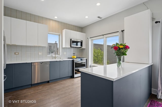 1645 W Erie St Unit 2, Chicago, IL 60622 - kitchen featuring appliances with stainless steel finishes, plenty of natural light, light wood-style flooring, a peninsula, and recessed lighting