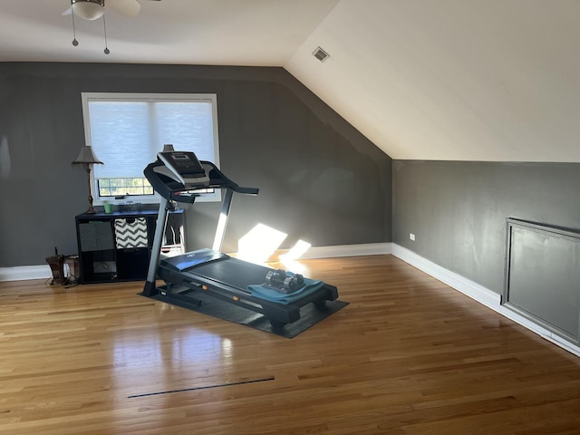 4429 203rd St, Matteson, IL 60443 - exercise area featuring wood finished floors, baseboards, lofted ceiling, and a ceiling fan