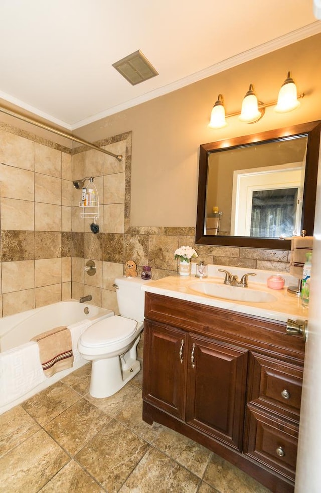 215 Chase Ct, Bolingbrook, IL 60440 - full bath featuring crown molding, tile walls, vanity, washtub / shower combination, and toilet