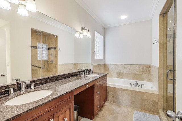 5021 N Kenmore Ave Unit 1S, Chicago, IL 60640 - full bath with a bath, a stall shower, double vanity, crown molding, and tile patterned floors