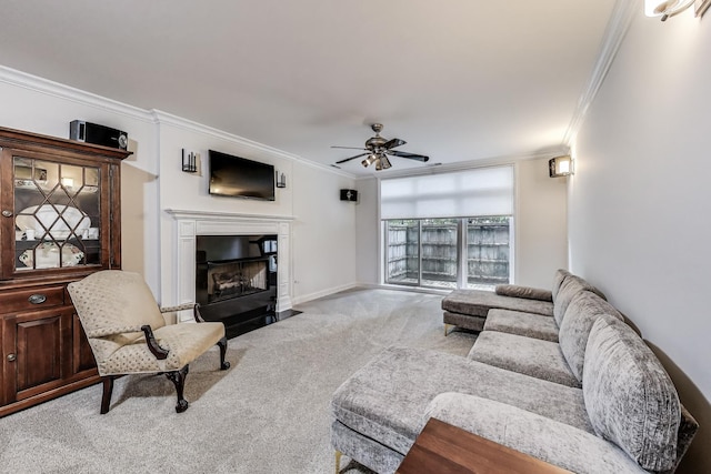 5021 N Kenmore Ave Unit 1S, Chicago, IL 60640 - carpeted living room featuring ornamental molding, a ceiling fan, and a fireplace with flush hearth