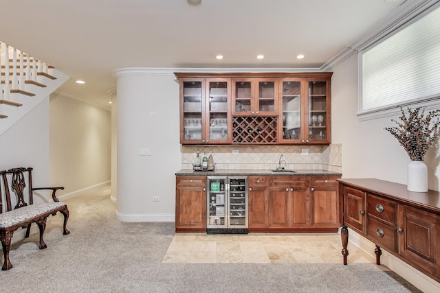 5021 N Kenmore Ave Unit 1S, Chicago, IL 60640 - indoor bar with wine cooler, light carpet, tasteful backsplash, recessed lighting, and stairs