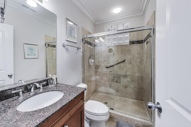 5021 N Kenmore Ave Unit 1S, Chicago, IL 60640 - bathroom featuring a shower stall, vanity, and ornamental molding