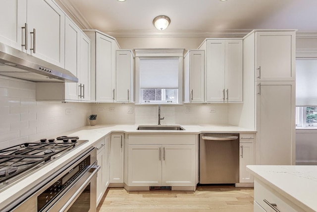 5021 N Kenmore Ave Unit 1S, Chicago, IL 60640 - kitchen with dishwasher, under cabinet range hood, tasteful backsplash, oven, and ornamental molding