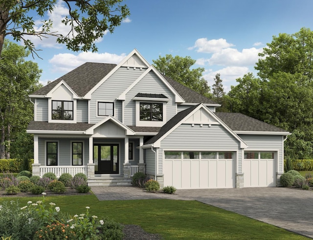 845 Tulip Ln, Naperville, IL 60540 - view of front of house with board and batten siding, covered porch, an attached garage, decorative driveway, and a shingled roof