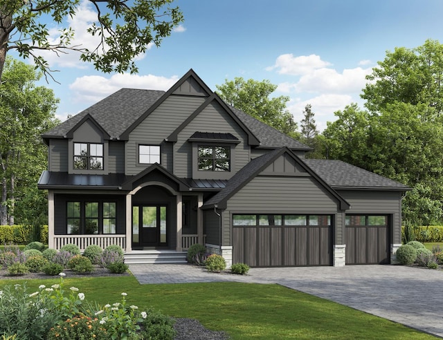 845 Tulip Ln, Naperville, IL 60540 - view of front facade with roof with shingles, covered porch, decorative driveway, a front yard, and a garage