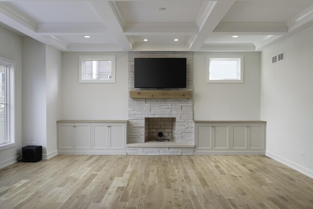 845 Tulip Ln, Naperville, IL 60540 - unfurnished living room with coffered ceiling, wood finished floors, beam ceiling, healthy amount of natural light, and baseboards