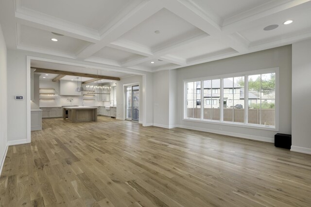 845 Tulip Ln, Naperville, IL 60540 - unfurnished living room with coffered ceiling, light wood-type flooring, plenty of natural light, beamed ceiling, and recessed lighting