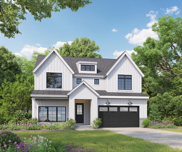 845 Tulip Ln, Naperville, IL 60540 - modern farmhouse with a standing seam roof, an attached garage, roof with shingles, metal roof, and concrete driveway