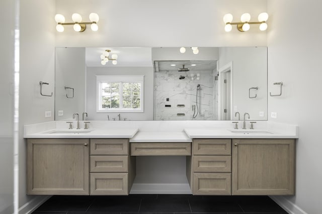 845 Tulip Ln, Naperville, IL 60540 - full bath with tile patterned flooring, double vanity, a marble finish shower, and baseboards