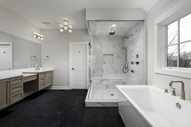 845 Tulip Ln, Naperville, IL 60540 - bathroom with vanity, a soaking tub, a marble finish shower, baseboards, and tile patterned flooring