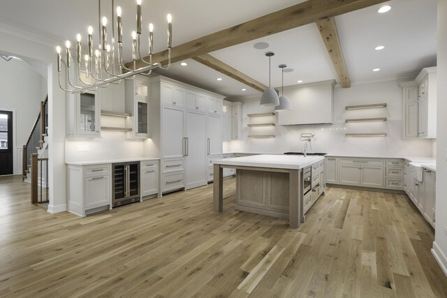 845 Tulip Ln, Naperville, IL 60540 - kitchen featuring open shelves, wine cooler, recessed lighting, beam ceiling, and light wood-style floors