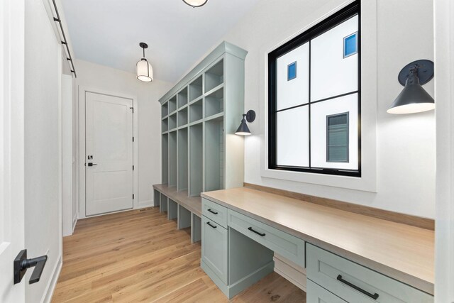 845 Tulip Ln, Naperville, IL 60540 - mudroom featuring light wood-type flooring, built in desk, and baseboards