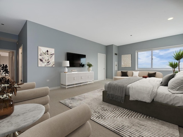 carpeted bedroom with baseboards and recessed lighting