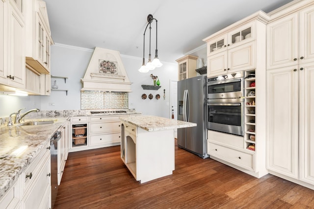 2119 Ivy Ridge Dr Unit 2119, Hoffman Estates, IL 60192 - kitchen with stainless steel appliances, custom exhaust hood, open shelves, dark wood-style flooring, and crown molding