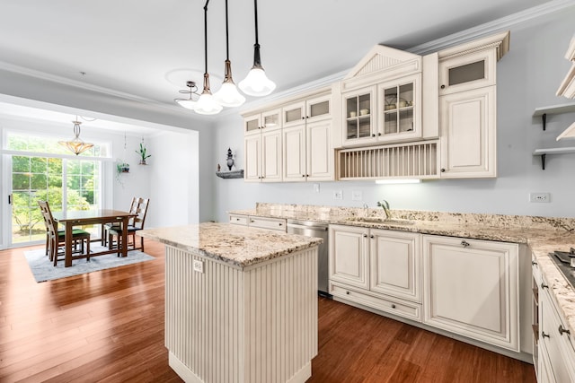 2119 Ivy Ridge Dr Unit 2119, Hoffman Estates, IL 60192 - kitchen with stainless steel dishwasher, a chandelier, dark wood-style flooring, pendant lighting, and light stone countertops