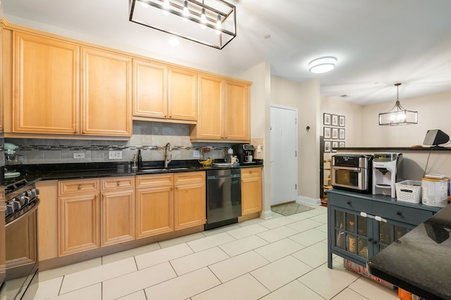 620 Mchenry Rd Unit 102, Wheeling, IL 60090 - kitchen with dishwasher, gas stove, decorative backsplash, light brown cabinetry, and light tile patterned flooring