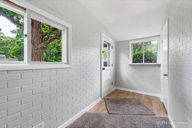 1912 Oakleaf Dr, Mchenry, IL 60050 - entryway with brick wall, wood finished floors, and vaulted ceiling