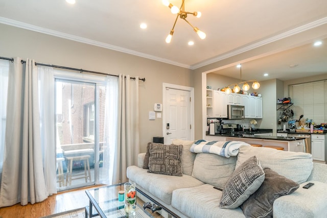 4848 W Belle Plaine Ave Unit 2R, Chicago, IL 60641 - living room with ornamental molding, light wood-style flooring, and recessed lighting
