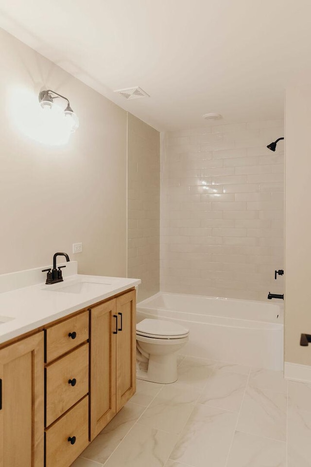 20277 Brendan St, Frankfort, IL 60423 - bathroom with double vanity, toilet, shower / bathtub combination, and marble look tile flooring
