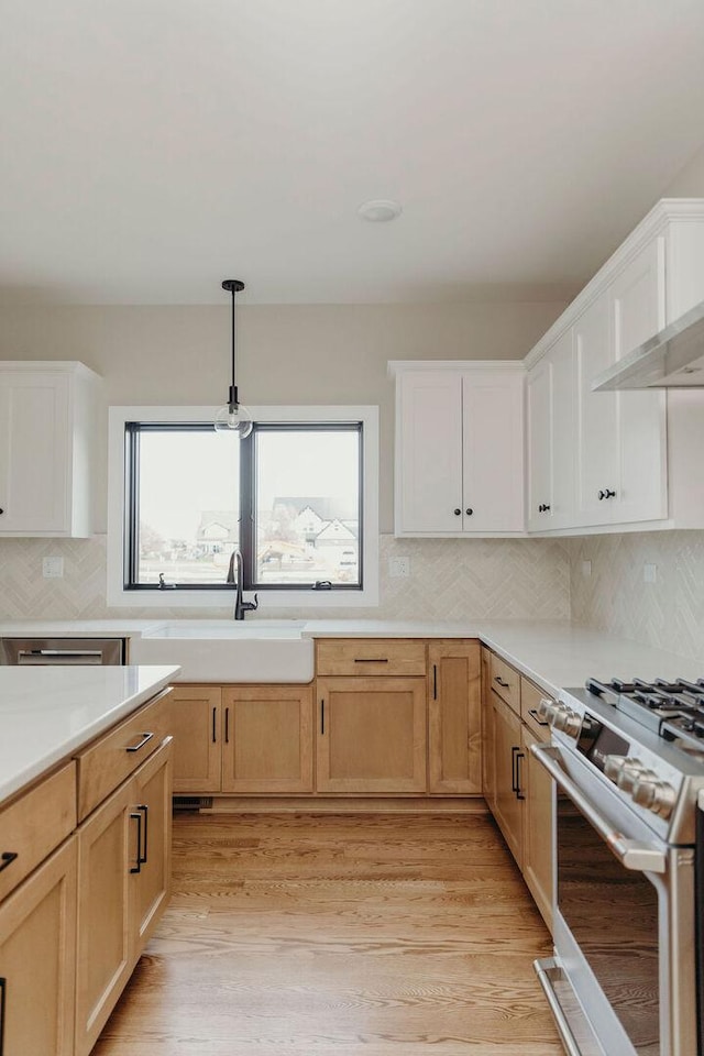20277 Brendan St, Frankfort, IL 60423 - kitchen with white range with gas stovetop, a sink, light countertops, decorative light fixtures, and light wood-style floors