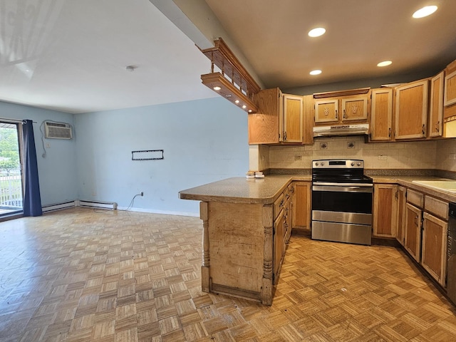 850 E Old Willow Rd Unit 207, Prospect Heights, IL 60070 - kitchen featuring electric range, under cabinet range hood, a peninsula, recessed lighting, and a wall mounted AC