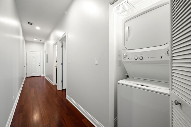 2847 N Pulaski Rd Unit 3S, Chicago, IL 60641 - laundry room with stacked washer / drying machine, dark wood-style floors, and recessed lighting