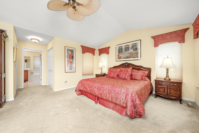 25014 W Nicklaus Way, Antioch, IL 60002 - bedroom with carpet floors, vaulted ceiling, ensuite bathroom, and a ceiling fan